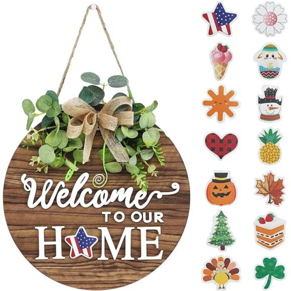 Interchangeable Seasonal Welcome Sign Front Door Decoration, Rustic Wood Wreaths